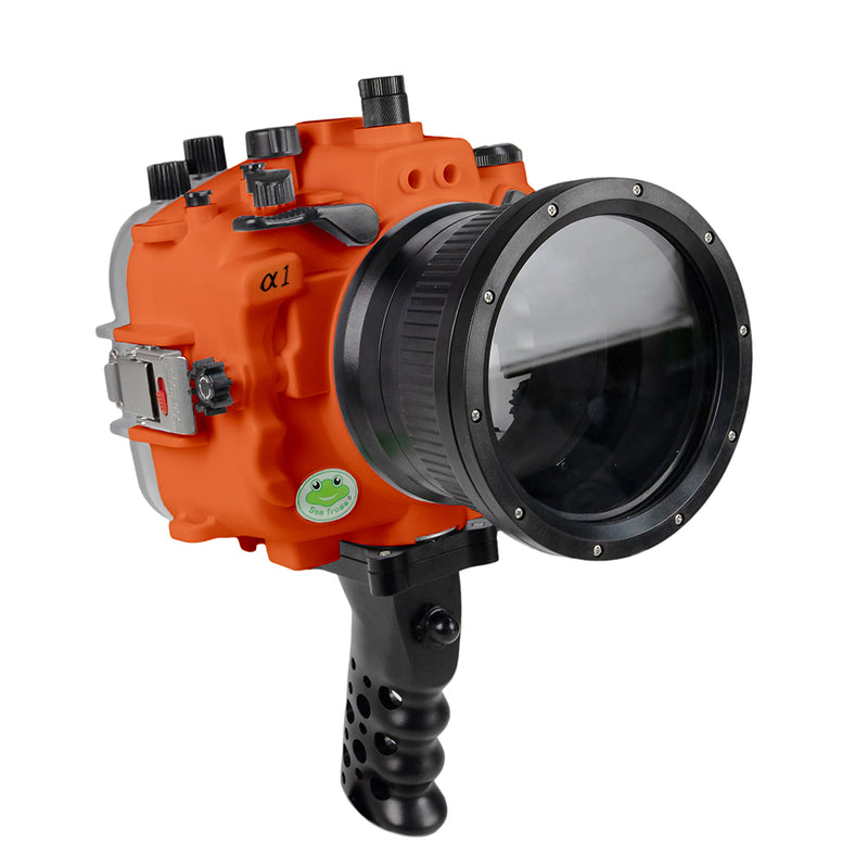 Sony A1 Salted Line series 40M/130FT Waterproof camera housing with Aluminium Pistol Grip trigger (Standard port). Orange