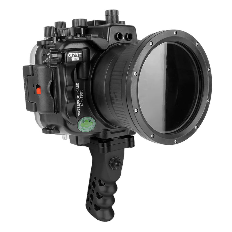 Sony A7 III PRO V.3 Series UW camera housing with 6" Dome port V.10 Surf & Aluminium Pistol Grip (and Standard port) Zoom rings for FE12-24 F4 and FE16-35 F4.Black