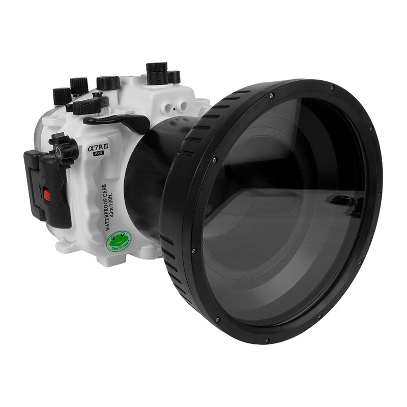 Sony A7R III PRO V.3 Series 40M/130FT UW camera housing with 6" Optical glass Flat Long Port for SONY FE 24-70 F2.8 GM II (and standard port).White