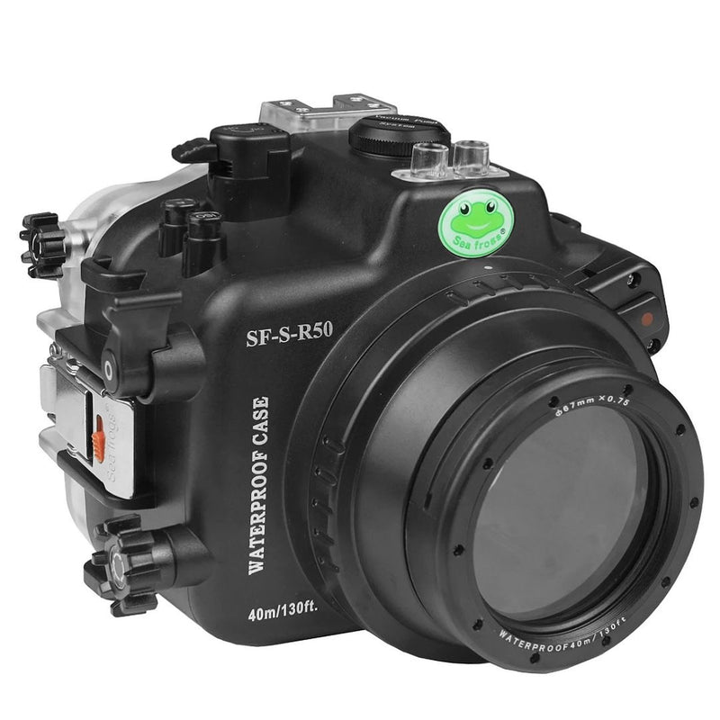 SeaFrogs underwater housing for Canon EOS R50 RF-S 18-45mm camera.