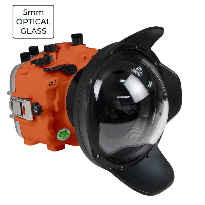 Sony A1 Salted Line series 40m/130ft  waterproof camera housing with 6" Optical Glass Dome port V.1. Orange