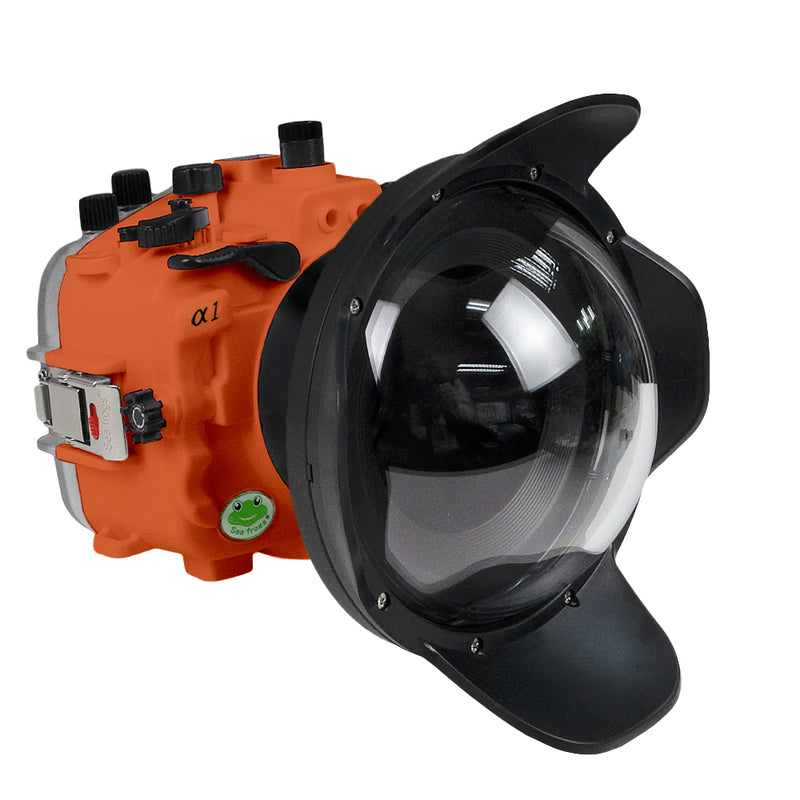 Sony A1 Salted Line series 40m/130ft waterproof camera housing with 6" Dome port V.1. Orange