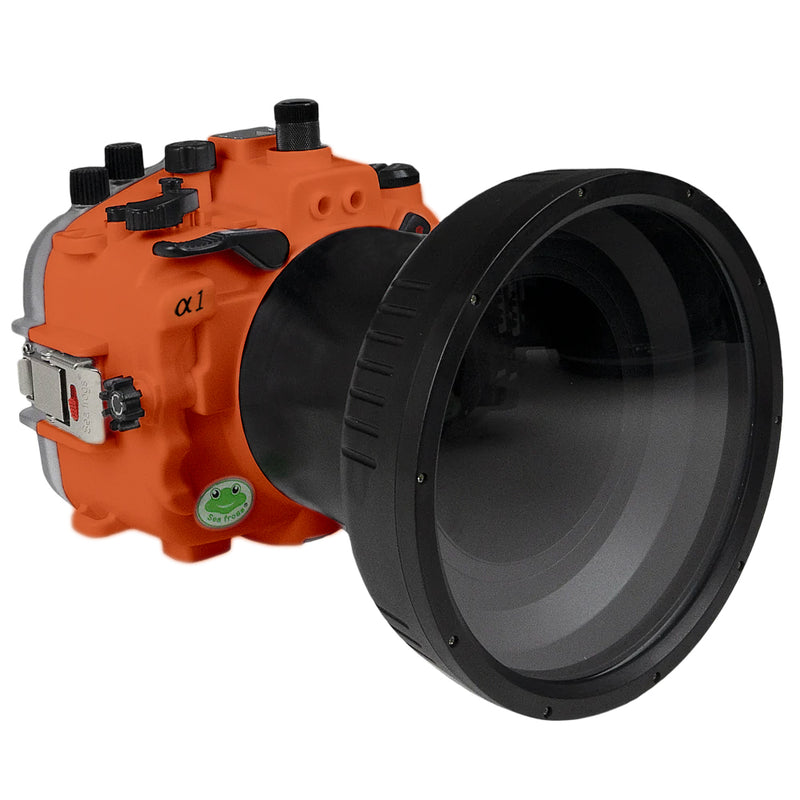 Sony A1 Salted Line series 40M/130FT Underwater camera housing with 6" Optical Glass Flat Long Port for Sony FE24-105 F4 (zoom gear). Orange