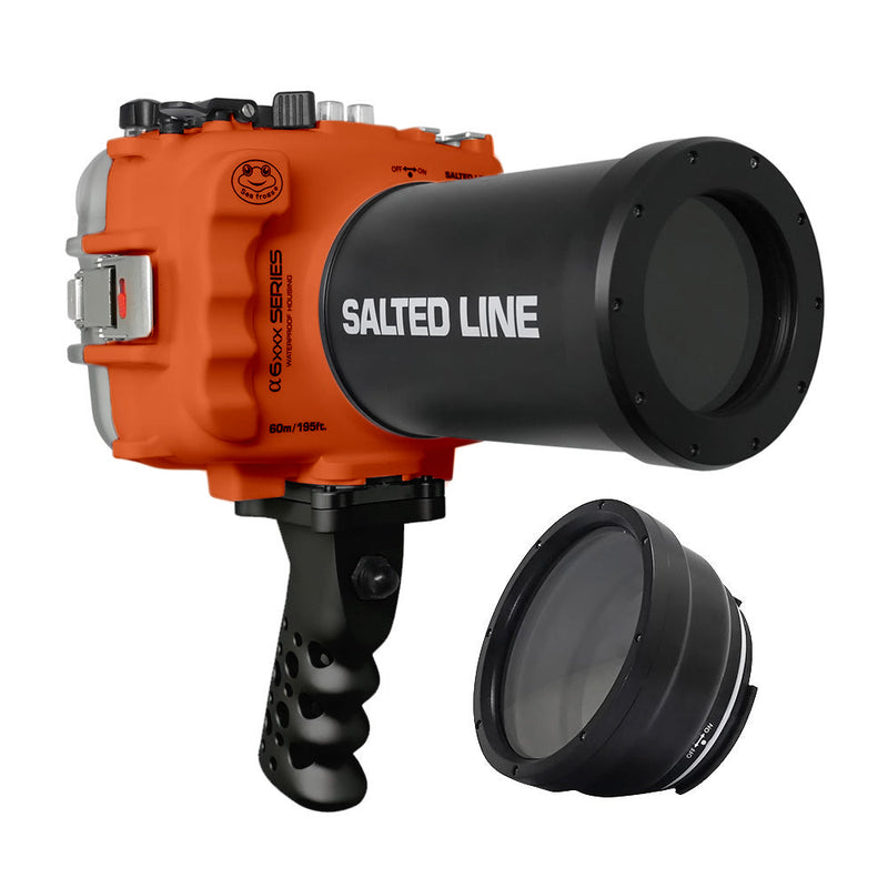 SeaFrogs 60M/195FT Waterproof housing for Sony A6xxx series Salted Line with Aluminium Pistol Grip & 55-210mm lens port (Orange) / GEN 3