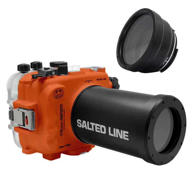 SeaFrogs 60M/195FT Waterproof housing for Sony A6xxx series Salted Line with Aluminium Pistol Grip & 55-210mm lens port (Orange) / GEN 3