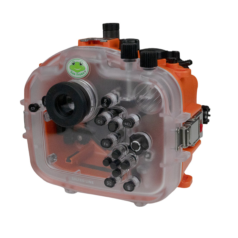 Sea Frogs Salted Line Series Sony A1 40M/130FT Waterproof camera housing with 4" Standard Port and Aluminium Shutter Grip (one zoom gear included). Orange