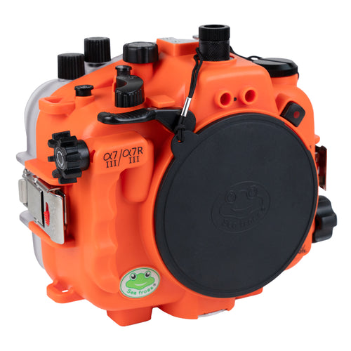 Sea Frogs Salted Line Series Sony A7III / A7RIII 40M/130FT Waterproof camera housing with 4" Flat Short Port (zoom gear included). Orange