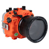 SeaFrogs Salted Line Series Sony A7III / A7RIII 40M/130FT Waterproof camera housing with 4" Flat Short Port (zoom gear included). Orange