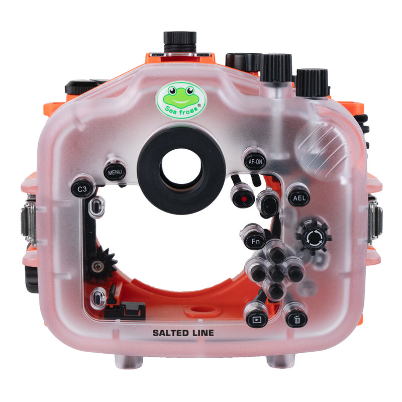 Sea Frogs Salted Line Series Sony A7III / A7RIII 40M/130FT Waterproof camera housing with 4" Standard port and Aluminium Shutter Grip (one zoom gear included). Orange