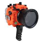 Sea Frogs Salted Line Series Sony A7III / A7RIII 40M/130FT Waterproof camera housing with 4" Standard port and Aluminium Shutter Grip (one zoom gear included). Orange