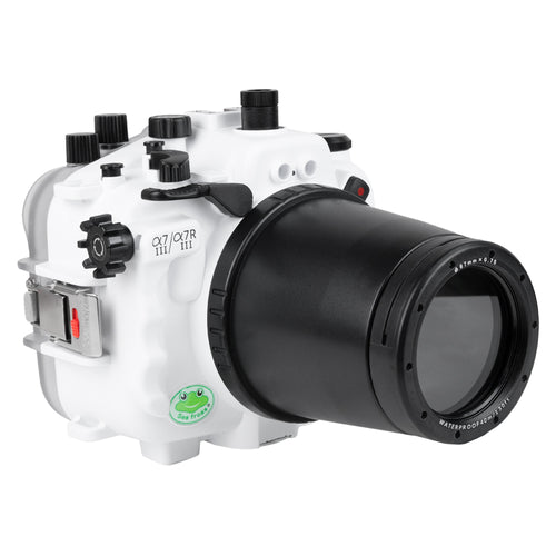 SeaFrogs Salted Line Series Sony A7III / A7RIII 40M/130FT Waterproof camera housing with 67mm threaded Flat long Port for Sony FE90 (focus gear included). White