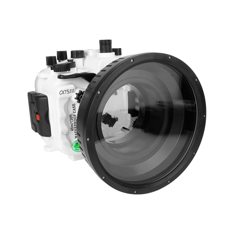 Sony A7S III 40M/130FT Underwater camera housing with 6" Glass Flat short port for Sony FE50 f/1.2 GM.White