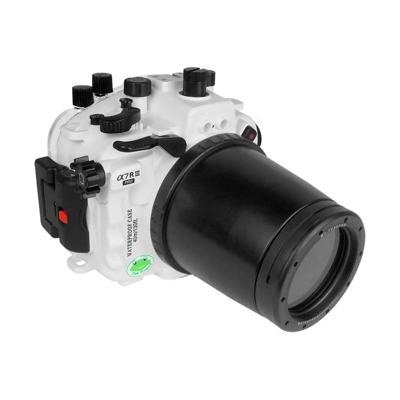 Sony A7 III PRO V.3 series 40M/130FT UW camera housing with 67mm threaded flat port for Sony FE90 macro lens (focus gear included) without standard port.White