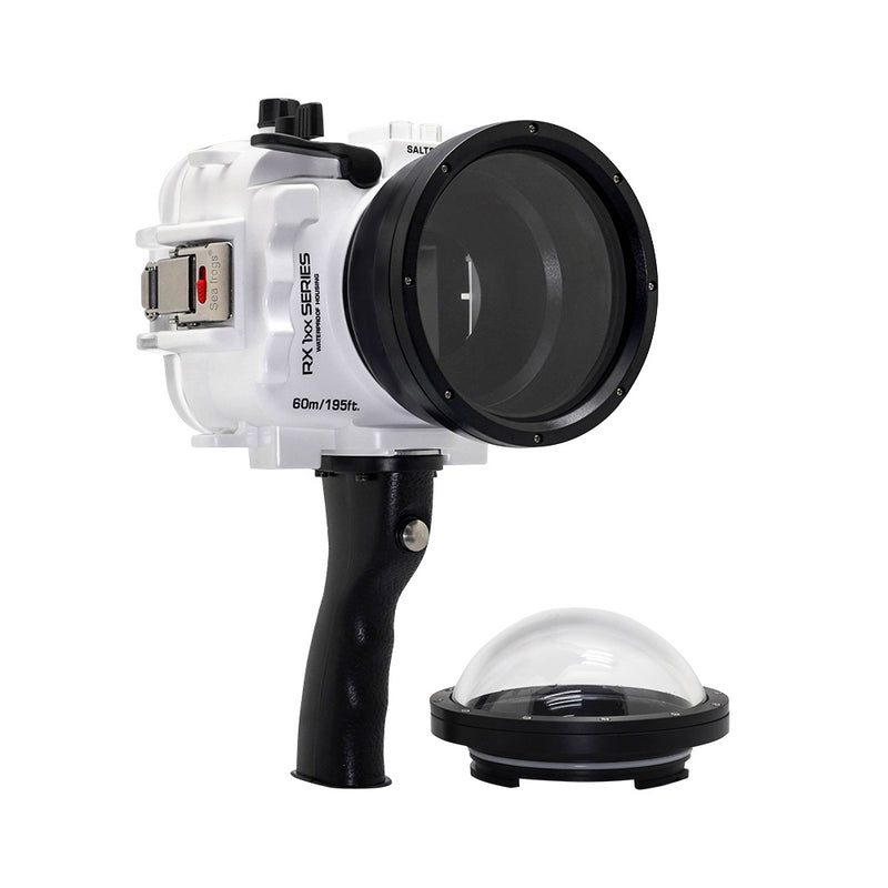 60M/195FT Waterproof housing for Sony RX1xx series Salted Line with Pistol grip & 4" Dry Dome Port (White) - A6XXX SALTED LINE