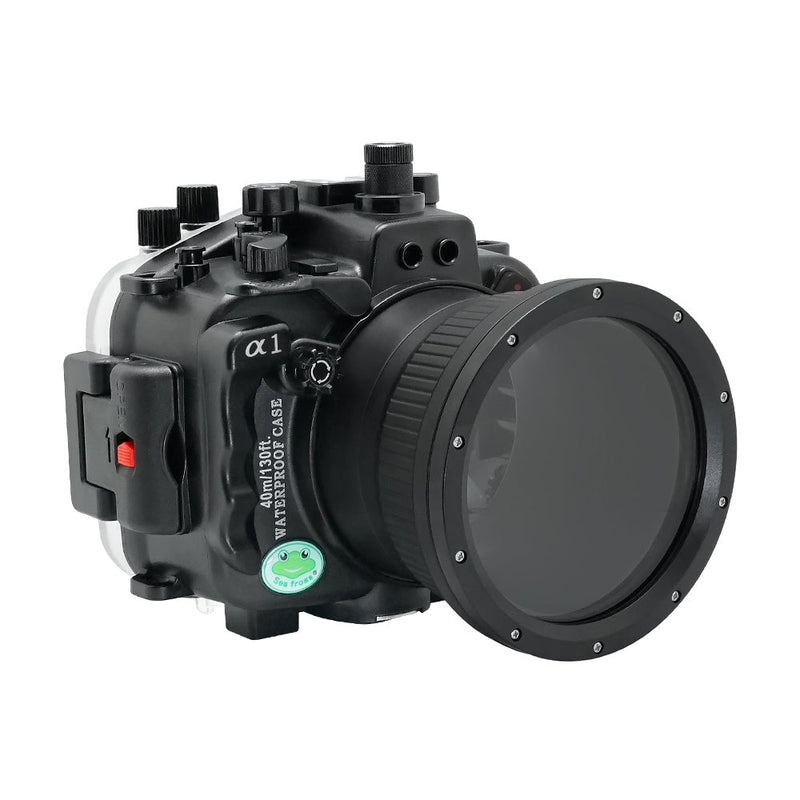 Sony A1 40M/130FT Underwater camera housing with 6" Glass Flat Long Port for Sony FE24-70mm F2.8 GM II (and standard port) zoom gear included.Black