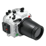 Sony A1 40M/130FT Underwater camera housing with 67mm threaded flat port for FE90mm macro lens (focus gear included) and standard port bundle.White