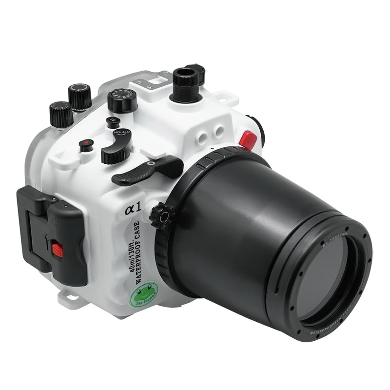 Sony A1 40M/130FT Underwater camera housing with 67mm threaded flat port for FE90mm macro lens (focus gear included) and standard port bundle.White