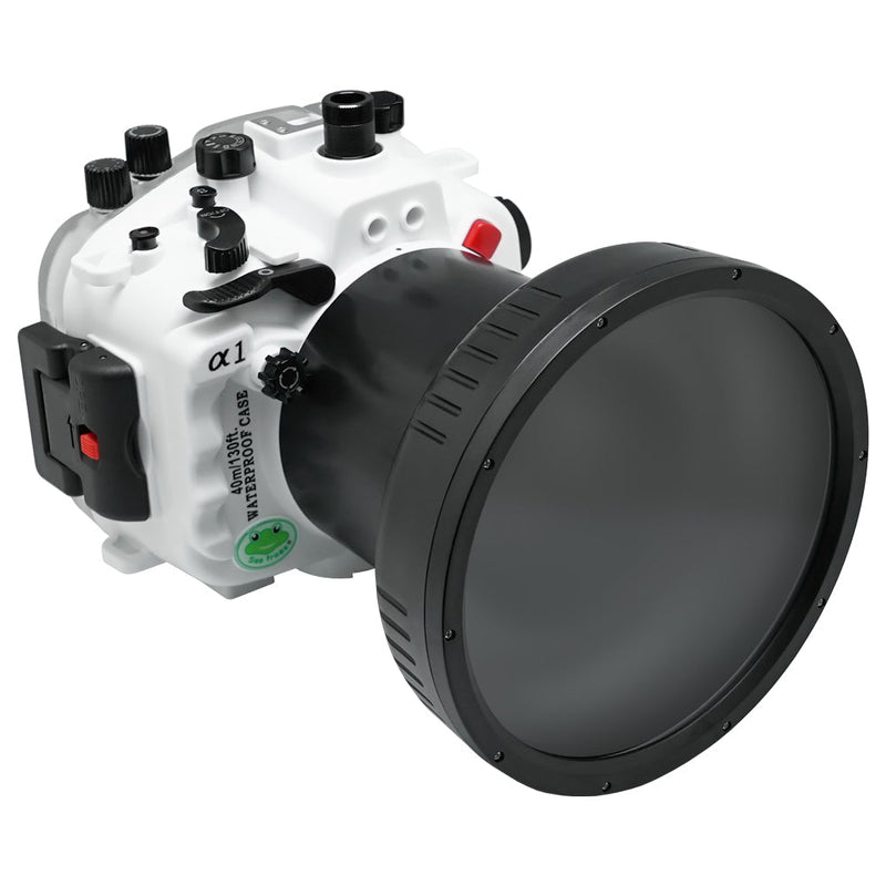 Sony A1 40M/130FT Underwater camera housing with 6" Glass Flat Long Port for Sony FE24-70mm F2.8 GM  (and standard port) zoom gear included.White