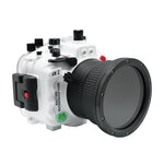 Sony A1 40M/130FT Underwater camera housing with 67mm threaded flat port for FE90mm macro lens (focus gear included) and standard port bundle.White