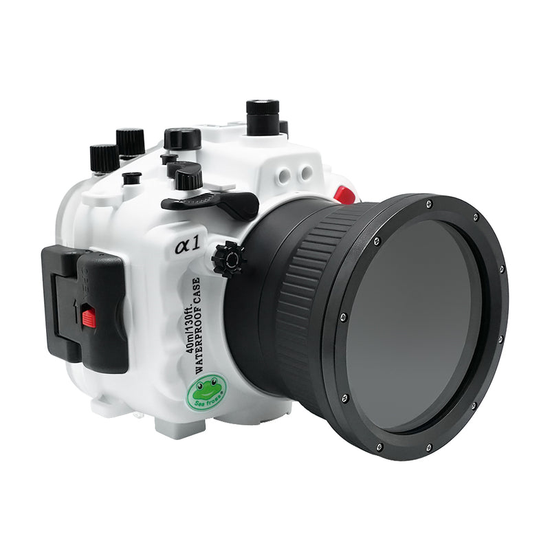 Sony A1 40M/130FT Underwater camera housing with 67mm threaded flat port for FE90mm macro lens (focus gear included) and standard port bundle.White